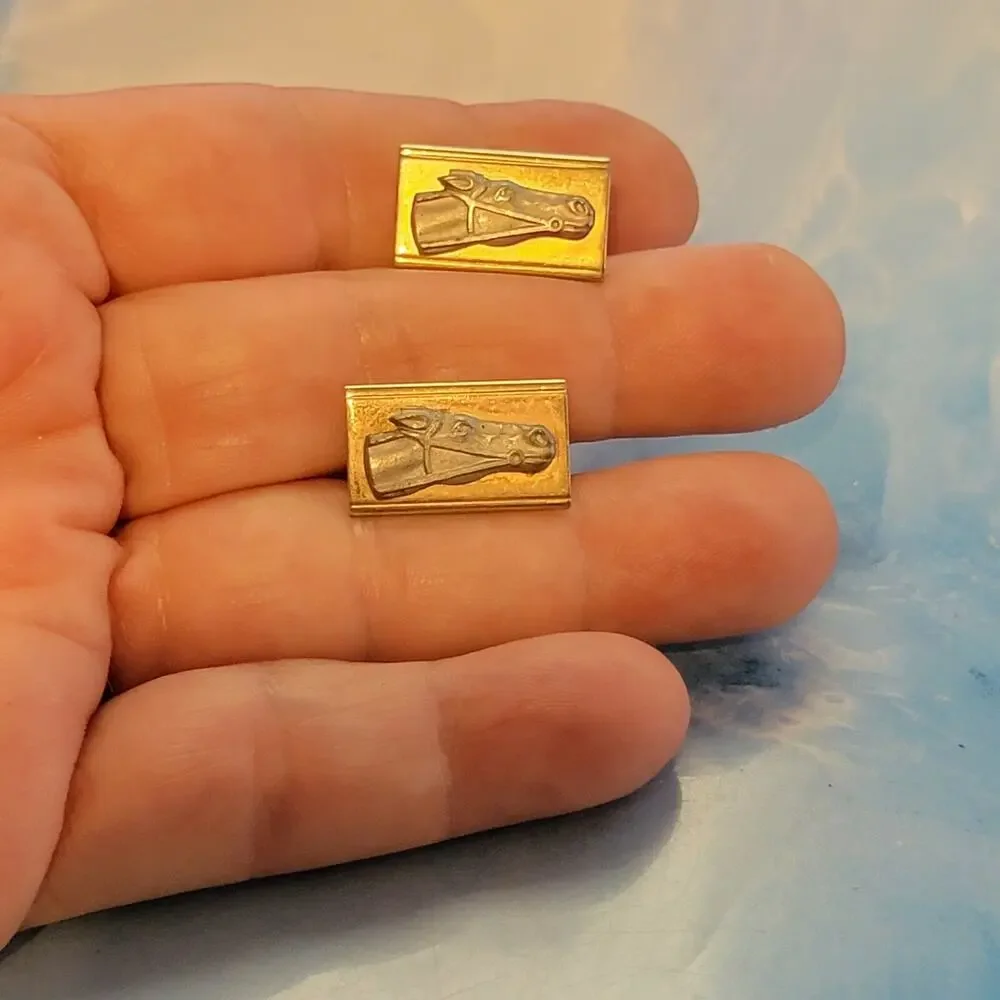 Vintage Swank Racing‎ Horse Head CuffLinks Gold-tone Silver-tone Cuff Links cl-